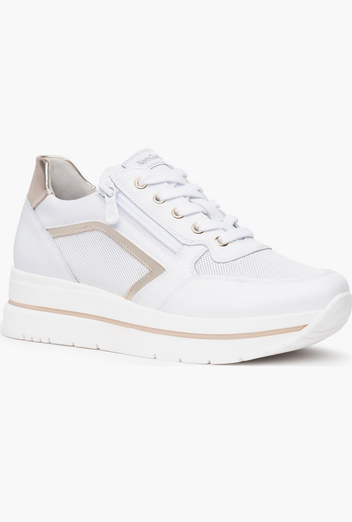 Chic Hidden Wedge Sneakers in White/Gold with Lace-Up Design and Perforated Panels 1