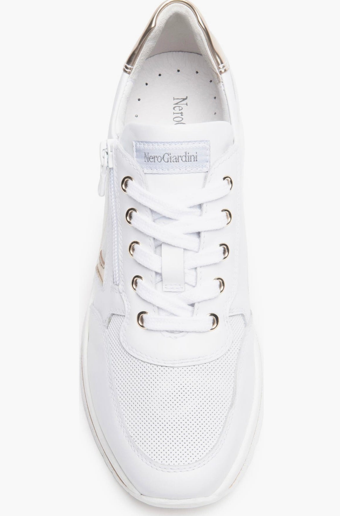 Chic Hidden Wedge Sneakers in White/Gold with Lace-Up Design and Perforated Panels 3