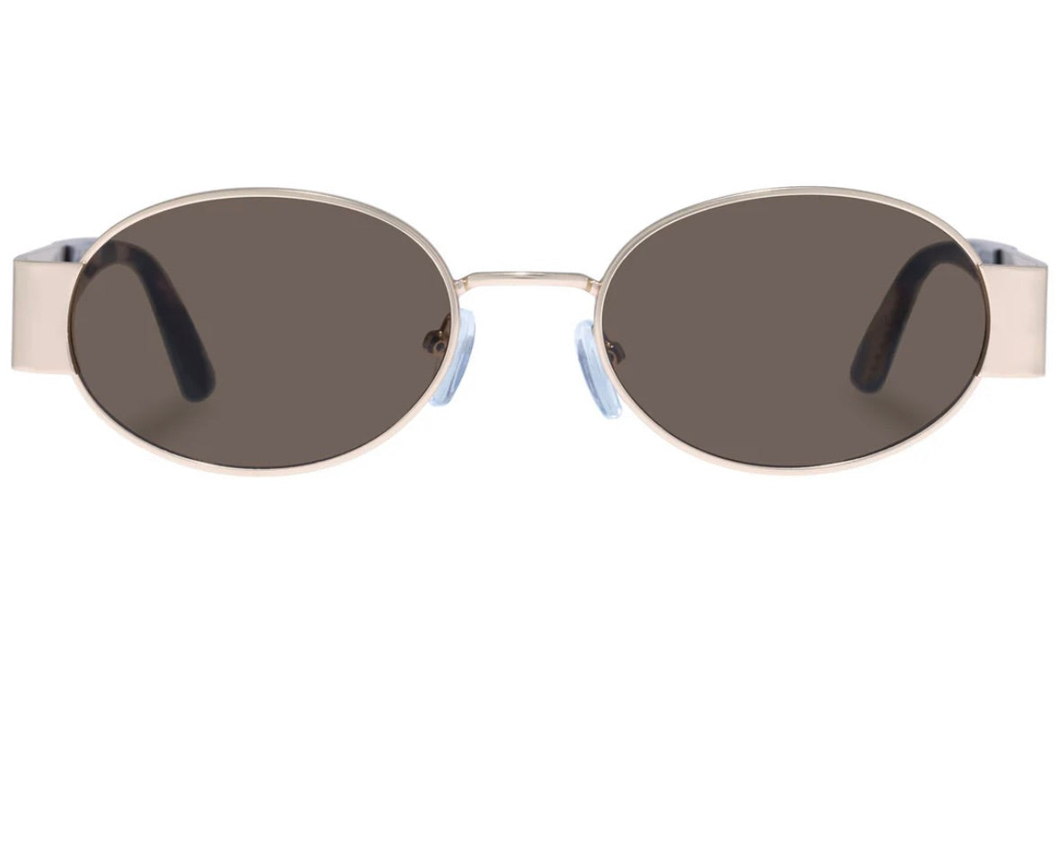 Satin Gold and Charcoal Tortoiseshell Oval Metal Sunglasses with Brown Mono Lenses 0