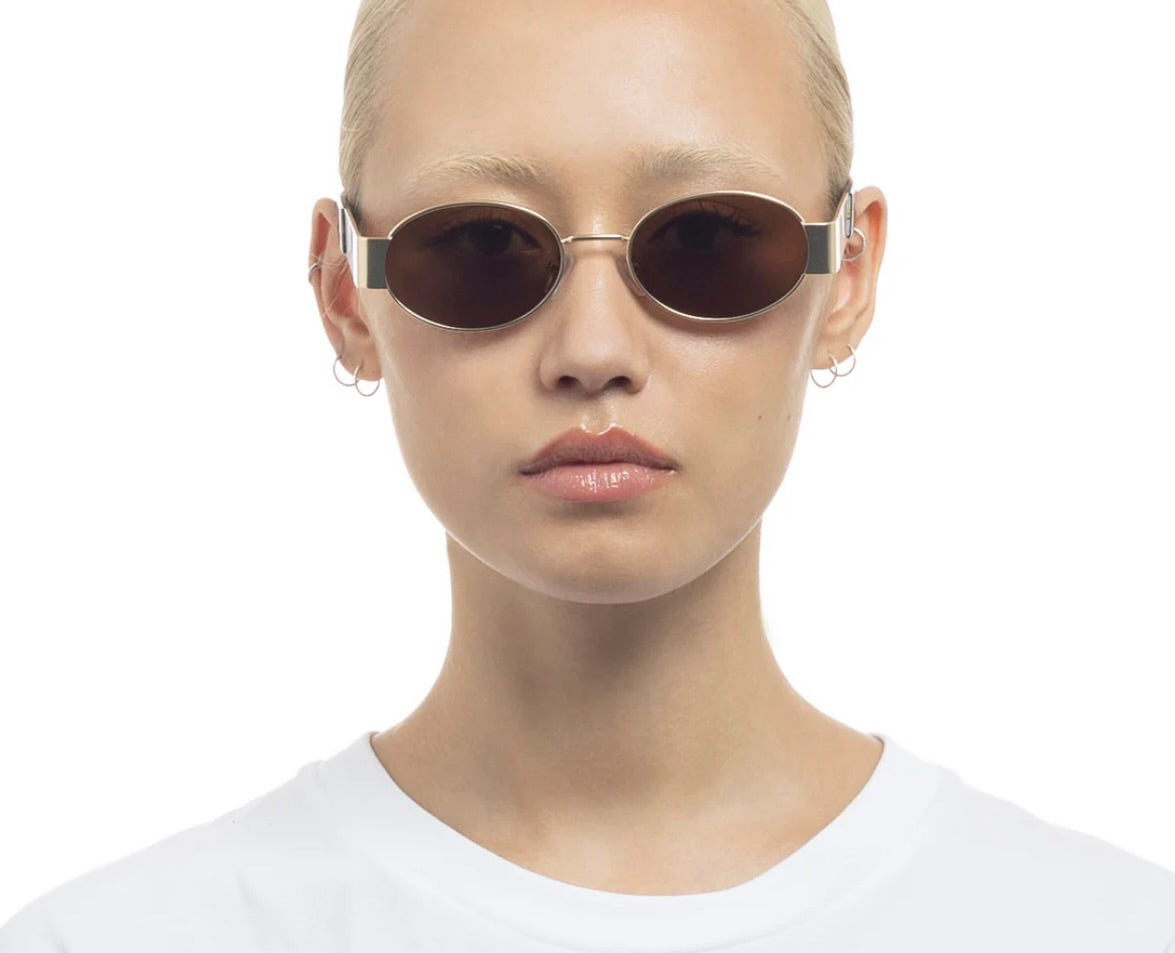 Satin Gold and Charcoal Tortoiseshell Oval Metal Sunglasses with Brown Mono Lenses 1