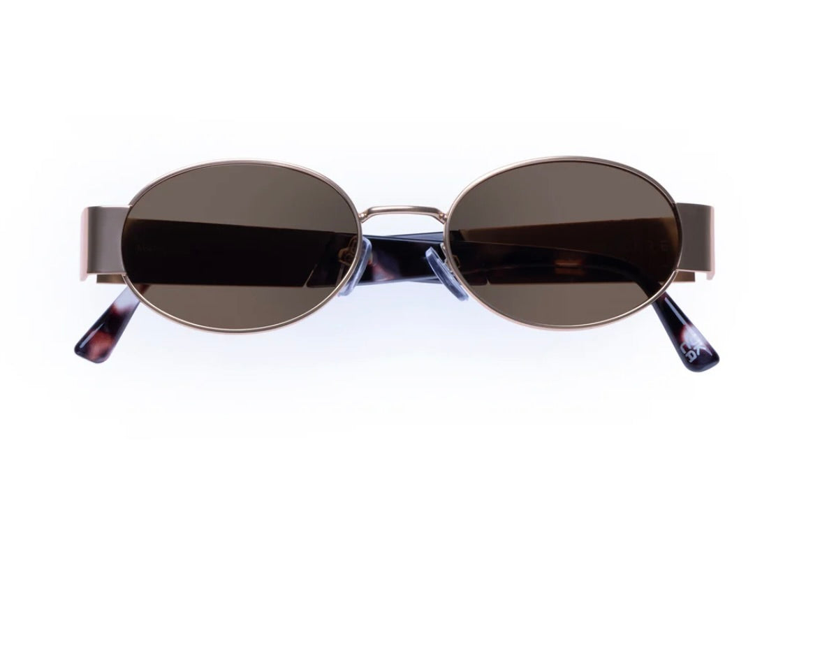 Satin Gold and Charcoal Tortoiseshell Oval Metal Sunglasses with Brown Mono Lenses 2