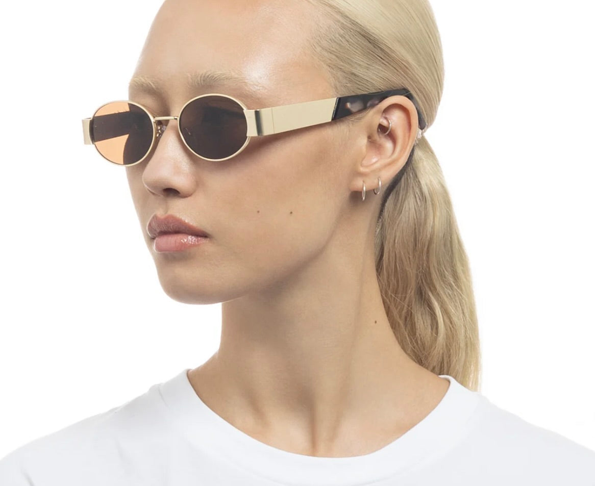 Satin Gold and Charcoal Tortoiseshell Oval Metal Sunglasses with Brown Mono Lenses 3