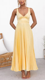 Sunny | Women’s Yellow Pleated V-Neck Maxi Dress