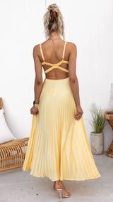 Sunny | Women’s Yellow Pleated V-Neck Maxi Dress